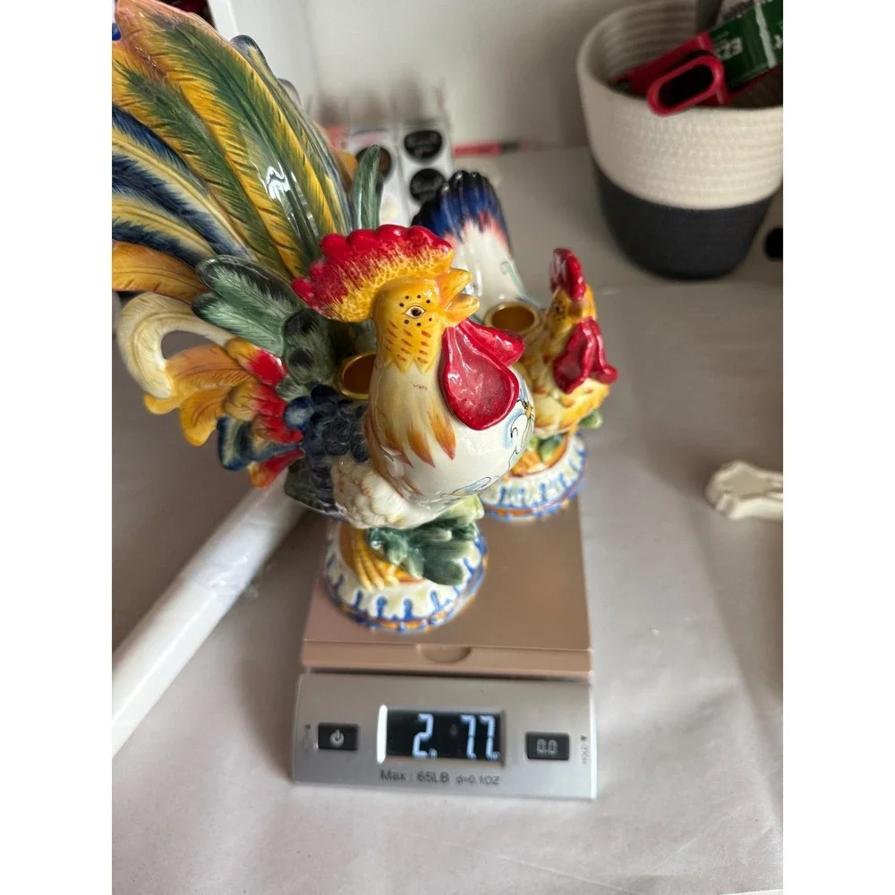 Fitz And Floyd Candle Holders Multicolor Rooster Hen Ricamo 2-Piece Hand Painted